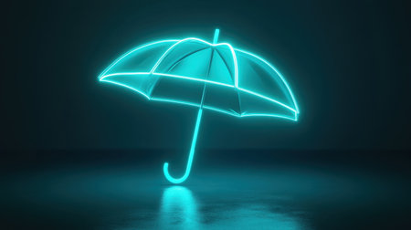 A digital umbrella with a glowing outline on a calming blue background, representing protection and stability.の素材