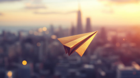 A golden paper airplane soaring against a soft blurred cityscape, representing ambition, progress, and success.の素材