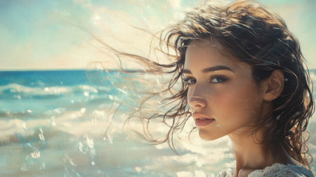 Natural beauty shines in a portrait of a woman with windblown hair by the shore, evoking freedom and peace.の素材