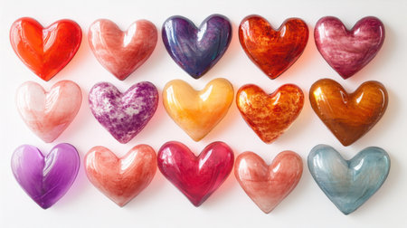 A charming Valentine display with hearts in various vibrant shades on a clean white background, evoking romantic warmth.の素材