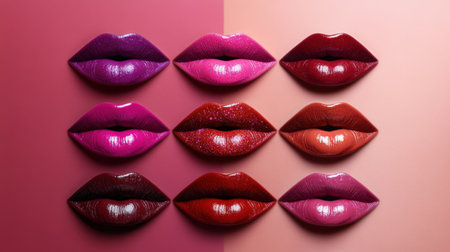 Diverse collection of lips adorned with vibrant lipstick shades, emphasizing beauty inclusion and glossy finishes.の素材