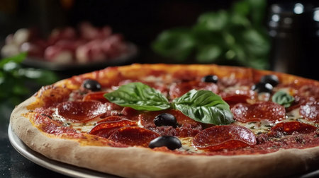 A savory pepperoni pizza adorned with fresh basil and olives, set against a dark table and surrounded by fresh ingredients.の素材