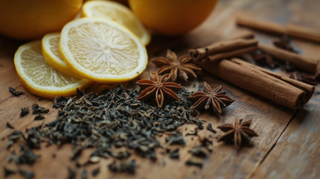 Close-up of herbal tea preparation with fresh lemon slices, star anise, and cinnamon sticks on a wooden table.の素材