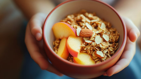 Close-up of a nourishing granola bowl garnished with juicy peaches and crunchy almonds, perfect for a healthy morning start.の素材