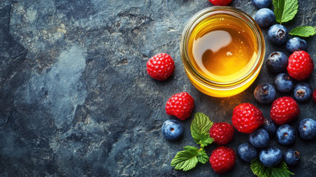 Colorful berries paired with a jar of honey on a rustic stone background, highlighting natural sweetness and health.の素材