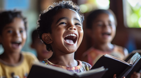 Kids joyfully singing together, their faces lit up with happiness, holding music books during a creative session.の素材