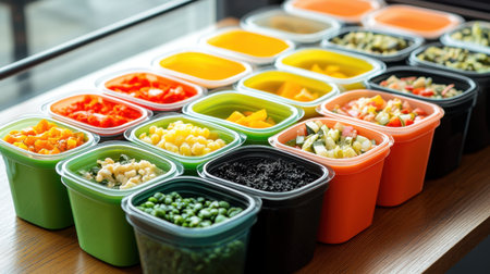 Freshly prepared healthy meal prep containers arranged neatly on a wooden surface, showcasing a variety of colorful ingredients.の素材