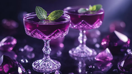 Two stylish cocktails filled with sparkling purple liquid and mint garnishes, surrounded by shimmering gemstones, enhancing the elegance and sophistication of the moment.の素材