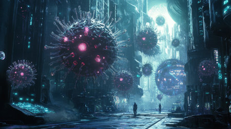A vivid depiction of microscopic viruses in a futuristic environment with glowing details, highlighting the complexities of infectious agents.の素材
