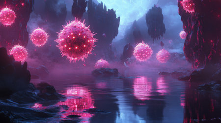 Futuristic imagery of viruses with glowing reflections, emphasizing health and science in the context of a norovirus outbreak.の素材
