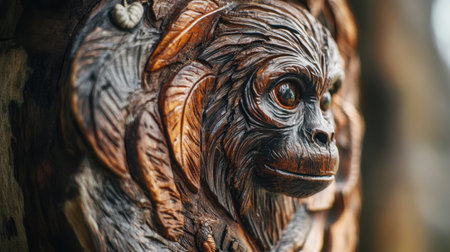 Close-up of a monkey seemingly carving into the trunk of a coconut tree, its focused expression highlighted by natural light.の素材
