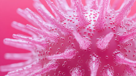 Close-up of a virus with pink spikes, emphasizing intricate details and its relevance in the study of norovirus outbreaks.の素材