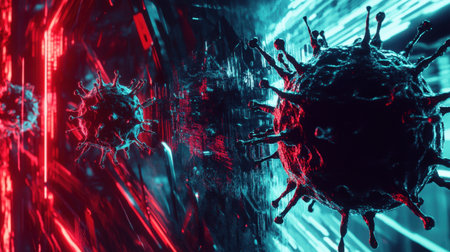 Futuristic imagery of viruses with glowing reflections, emphasizing health and science in the context of a norovirus outbreak.の素材