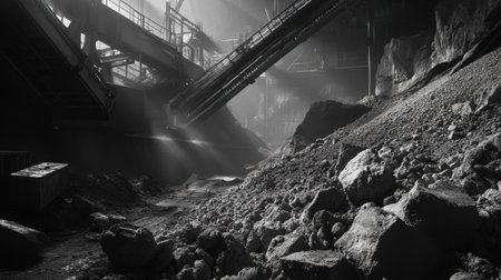 Mining conveyor belt moves gravel and rocks, highlighting the equipment and raw material processes in an industrial construction site.の素材