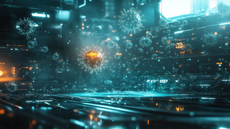Microscopic glowing viruses in a futuristic, reflective environment symbolize the intricacy of disease structures and health themes.の素材