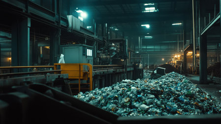 Inside a well-lit recycling facility, advanced equipment efficiently processes heaps of recyclable materials in a clean industrial setting.の素材