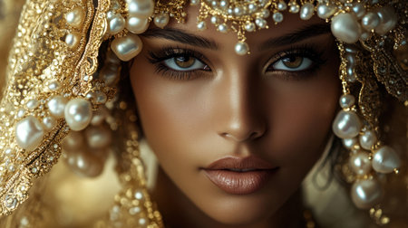 A woman graceful expression framed by intricate gold and pearl jewelry, symbolizing refined style and cultural richness.の素材