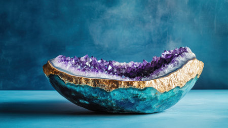 A decorative bowl inside an amethyst geode, set against a vibrant blue background, highlighting the luxurious design and natural beauty of the setting.の素材