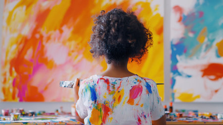 Cheerful girl immersed in painting, her workspace brimming with bright colors, capturing the joy of creativity and expression.の素材