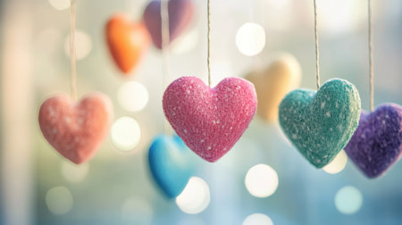 Playful colorful hearts suspended in a dreamy arrangement against a soft, light-colored background.の素材