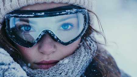 Close-up of a winter adventurer wearing snow goggles, her blue eyes framed by warm knitwear in a snowy backdrop.の素材