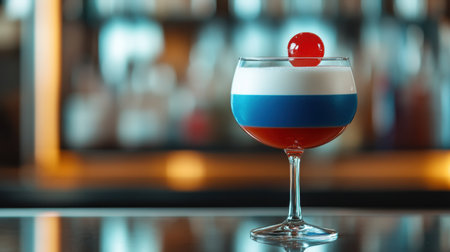 A bold cocktail with vibrant red, white, and blue layers, beautifully presented against a sleek bar background for an eye-catching drink experience.の素材