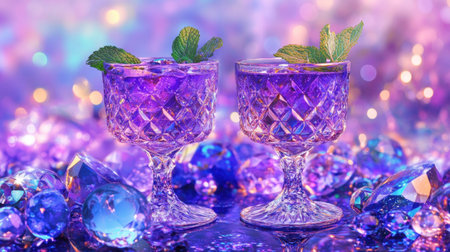 Two elegant cocktails with sparkling purple liquid and mint garnishes, surrounded by colorful gemstones and a shimmering background, creating a magical cocktail display.の素材