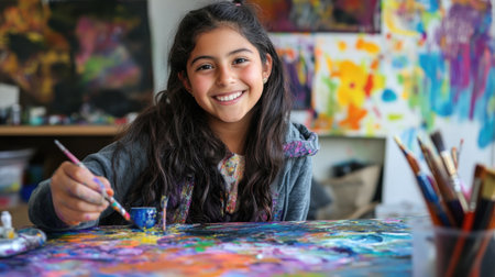 A smiling girl paints enthusiastically, bright art supplies spread around her, embodying fun and creative freedom.の素材