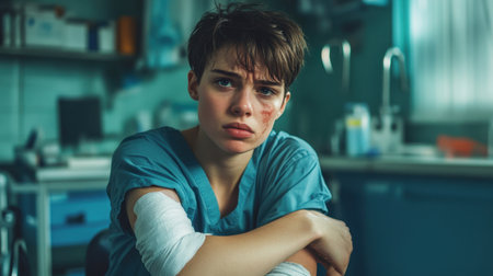 A person with a bandaged arm sits in a clinic, their face showing pain and concern, with medical tools in the background.の素材