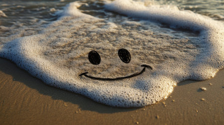 A sad face drawn in the sand is washed away by waves, symbolizing fleeting efforts and failure.の素材