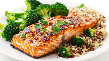 A plate of grilled salmon served with steamed broccoli and quinoa on a clean white surface.の素材