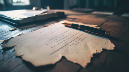 A torn contract lies on a desk, symbolizing a failed agreement or partnership.の素材