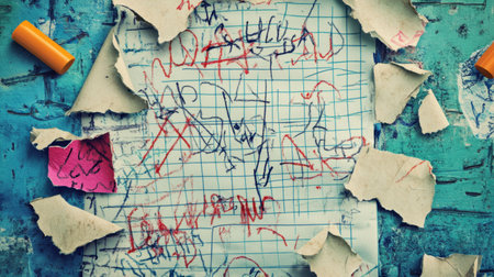 A torn notebook page with scribbles and crossed-out ideas, symbolizing frustration in problem-solving.の素材