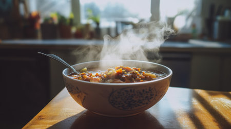 A bowl of homemade vegetable soup sits steaming on a wooden table, promoting comfort and health.の素材