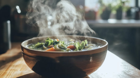 A bowl of homemade vegetable soup sits steaming on a wooden table, promoting comfort and health.の素材