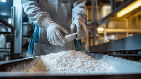 A factory worker loads raw materials into an industrial furnace, wearing protective gloves.の素材