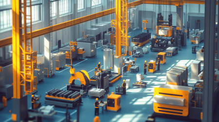 A factory interior with overhead cranes and workers handling large industrial components.の素材