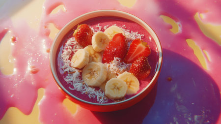 A freshly made acai bowl topped with bananas, strawberries, and coconut flakes on a vibrant surface.の素材