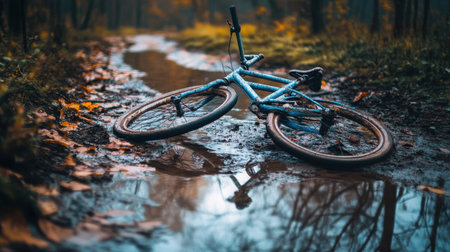 A knocked-over bicycle lies in a puddle, symbolizing a fall or setback in life journey.の素材