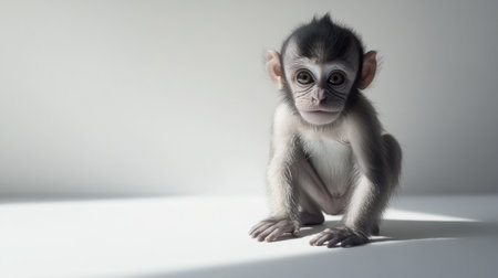 A small monkey crouched on a blank white surface, its expressive eyes capturing a sense of loneliness and vulnerability.の素材