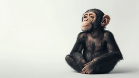 A lonely monkey gazes into the distance, isolated on a white background, emphasizing simplicity and raw emotion.の素材