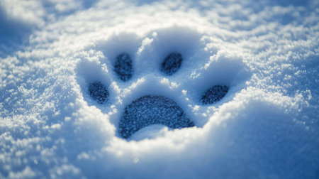 A detailed paw print in fresh snow, framed by soft shadows, evoking a peaceful and wintry ambiance.の素材