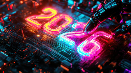 A radiant '2026' button lights up as a futuristic robotic hand presses it amid glowing circuits.の素材