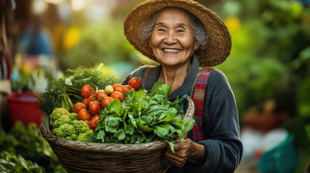 Old woman carrying a basket of fresh produce from a local market, smiling contentedly.の素材