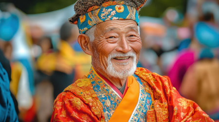 Old man dressed in traditional attire, enjoying a cultural festival with bright colors.の素材