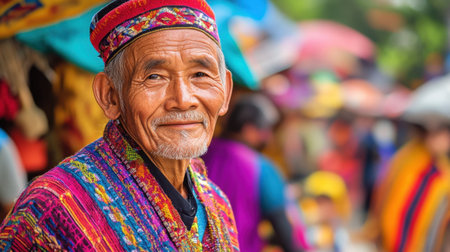 Old man dressed in traditional attire, enjoying a cultural festival with bright colors.の素材