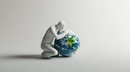 3D illustration of a man kneeling and carefully holding the Earth, symbolizing the challenge and importance of protecting the planet alone.の素材