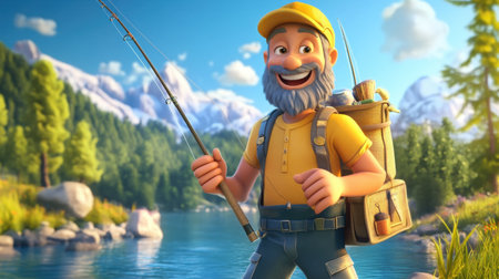 3D cartoon fisherman holding a fishing rod, wearing a backpack, and smiling against a serene riverside setting with vibrant colors.の素材