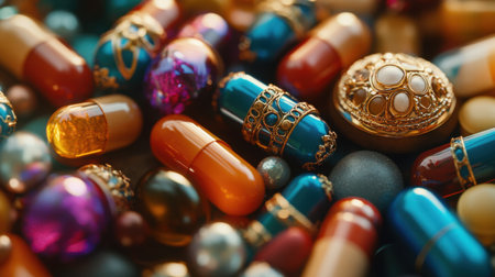 A close-up of colorful capsules and pills with decorative elements, highlighting both the beauty and caution of medication.の素材