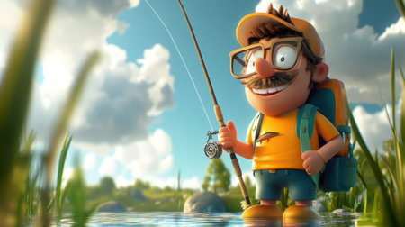 A 3D illustration of a cartoon fisherman with a rod and a backpack, ready for an adventure by the water under a bright sky.の素材